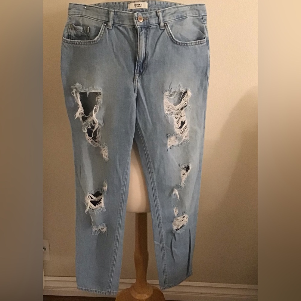 Forever 21 Sky Blue Ripped Boyfriend Jeans